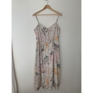 H&M Linen Cotton Blend Dress Sz L Floral Pearl Button Midi Cotton Lined Romantic